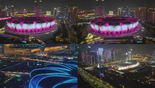 杭州城市地标风景夜晚夜景航拍风光美景高清在线视频素材下载