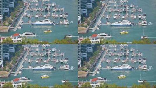 海南三亚游艇码头出海船只度假高视角风光高清在线视频素材下载