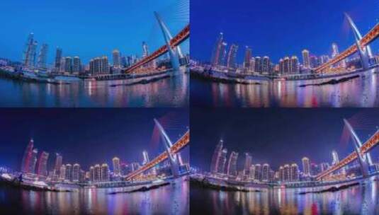 湛蓝天空江边大桥夜景鱼眼镜头延时高清在线视频素材下载