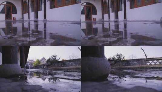 唯美下雨中古代中式宅院园林滴水倒影水滴高清在线视频素材下载