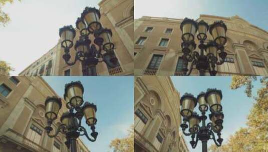 巴塞罗那剧院外的经典路灯高清在线视频素材下载