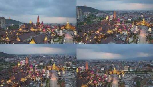 云南德宏芒市傣族古镇夜景航拍高清在线视频素材下载