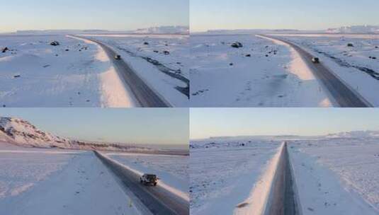 冬天雪山日落夕阳下汽车自驾游自然风景高清在线视频素材下载