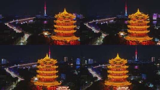 武汉黄鹤楼武汉灯光秀长江大桥夜景航拍高清在线视频素材下载