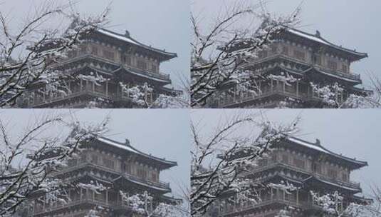 杭州径山寺雪中古建筑楼阁景观高清在线视频素材下载