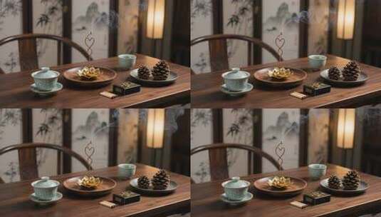 中式茶室茶具与焚香摆件高清在线视频素材下载