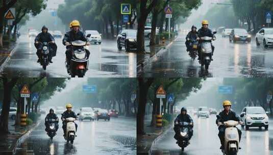 雨天骑电动车的行人街道画面高清在线视频素材下载