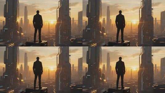 男子眺望未来科技城市高清在线视频素材下载