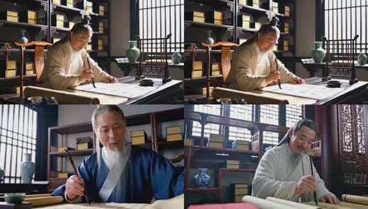 古装老者写毛笔字高清在线视频素材下载