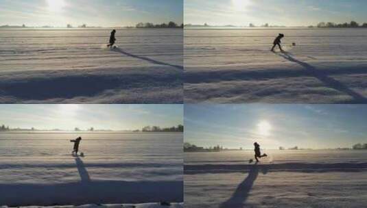 雪地奔跑踢足球脚步路迈向励志坚定梦想高清在线视频素材下载