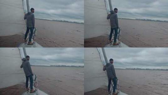人站在船上看海的景色高清在线视频素材下载