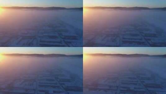 航拍大兴安岭极寒黎明冷空气笼罩的山村高清在线视频素材下载