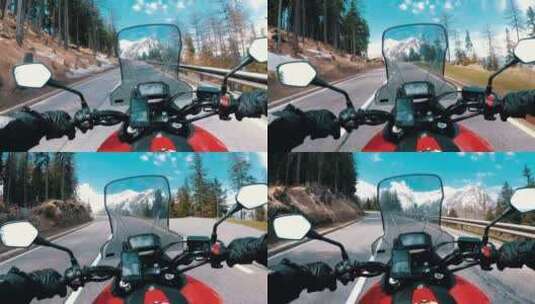 一辆摩托车在山上行驶的景色高清在线视频素材下载