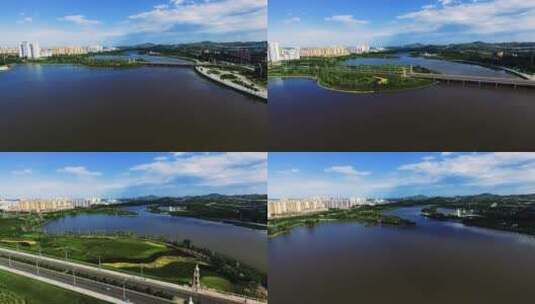 航拍城市河流高清在线视频素材下载