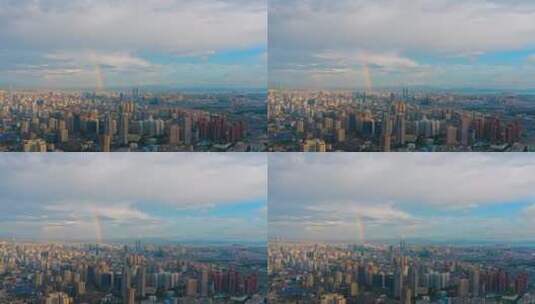 城市雨后彩虹航拍高清在线视频素材下载