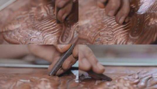 手工艺视频手工匠人锻铜雕刻铜雕特写高清在线视频素材下载
