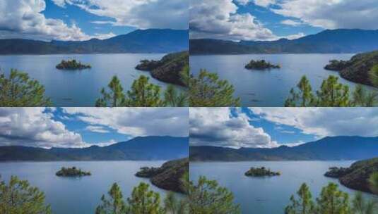 云南丽江泸沽湖泊王妃岛自然风光航拍延时高清在线视频素材下载