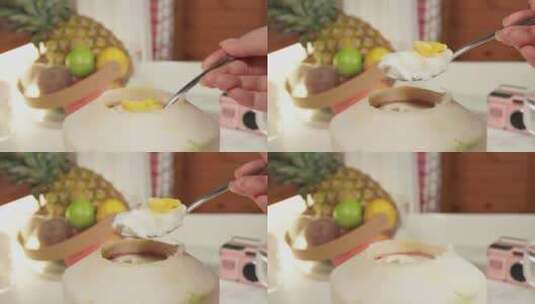 挖一勺美味芒果椰子冻甜品高清在线视频素材下载
