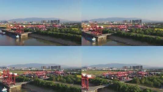 九江港航拍 九江市城西港集装箱码头及堆场高清在线视频素材下载