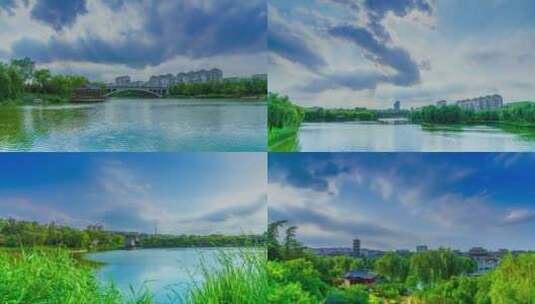 青州南阳河风景区城市河流蓝天白云延时风光高清在线视频素材下载
