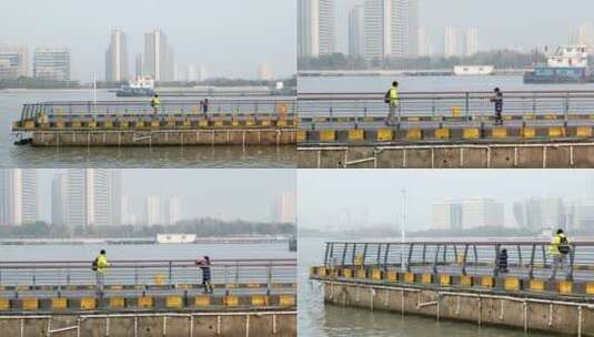 父子在黄浦江西岸滨江打篮球高清在线视频素材下载