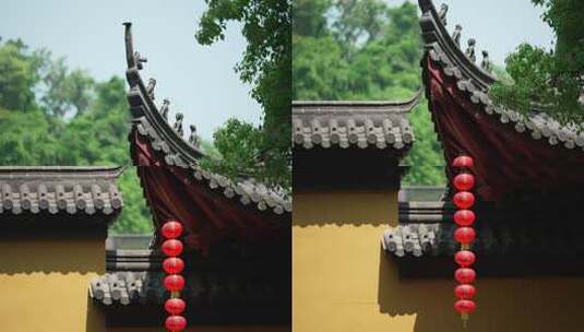 杭州下天竺夏天寺庙飞檐前的树叶和灯笼高清在线视频素材下载