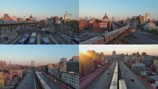 城市航拍纽约威廉斯堡地铁列车大桥日出鸟高清在线视频素材下载