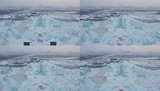 中国哈尔滨冰雪大世界航拍高清在线视频素材下载