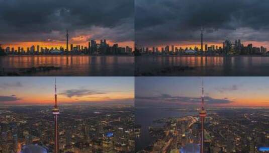 航拍多伦多加拿大国家电视塔日转夜夜景灯光高清在线视频素材下载