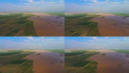 黄河平原稻田航拍河滩河道湿地高清在线视频素材下载
