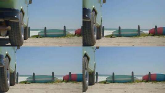 沙滩上的货车和冲浪板高清在线视频素材下载