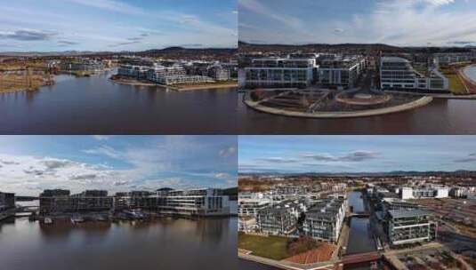 城市航拍澳大利亚堪培拉河流别墅天空白云高清在线视频素材下载