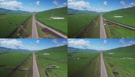 航拍新疆伊犁草原公路高清在线视频素材下载
