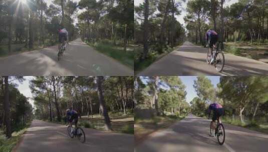 航拍森林公路上骑行的男子骑自行车公路赛高清在线视频素材下载