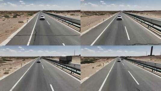 航拍沙漠公路上行驶的汽车高清在线视频素材下载