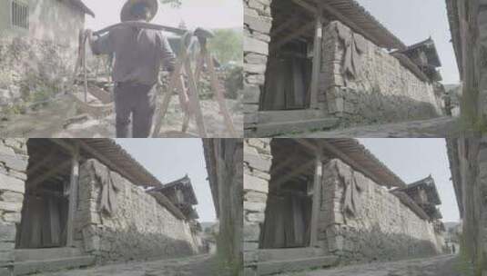 (4K) 浙江温州泰顺县村民挑担穿过村庄高清在线视频素材下载