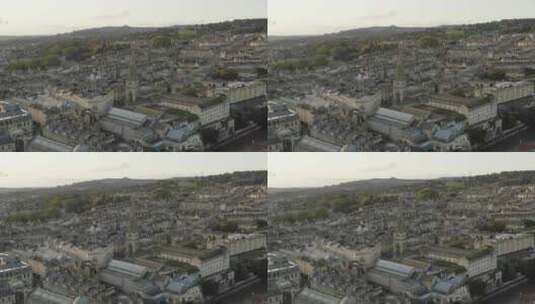 英国英格兰巴斯市中心淡黄色日落。无人机向右平移。高清在线视频素材下载