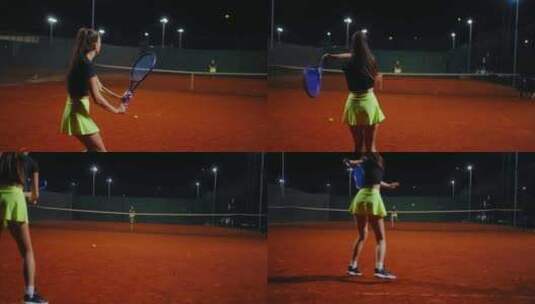 网球场积极锻炼年轻女性晚上训练和打网球比高清在线视频素材下载