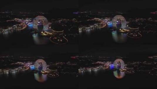 浙江湖州月亮广场月亮湾夜晚航拍高清在线视频素材下载
