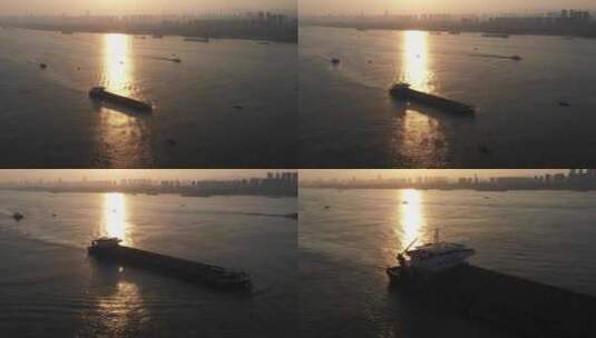 日落航拍江上航行的轮船高清在线视频素材下载