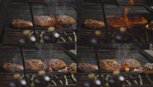 烟熏鱼配蔬菜烧烤高清在线视频素材下载