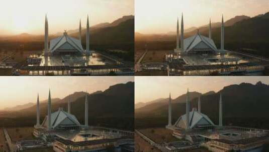 巴基斯坦伊斯兰堡日落时分的费萨尔清真寺全高清在线视频素材下载