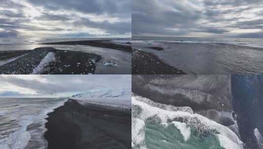 冰岛北极圈瓦特冰川国家公园钻石黑沙滩航拍高清在线视频素材下载