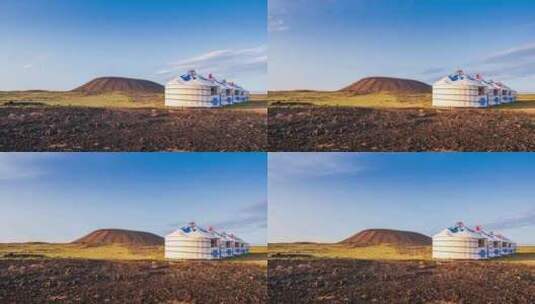 内蒙古乌兰哈达火山及蒙古包远景延时高清在线视频素材下载