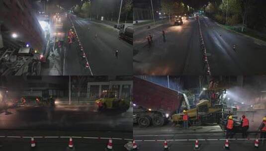 城市夜晚道路抢修过年路面翻修夜晚加班航拍高清在线视频素材下载