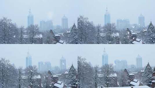 雪中城市景象，房屋树木高楼皆被雪覆盖高清在线视频素材下载