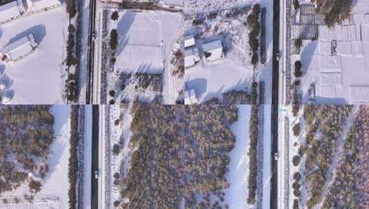 被雪覆盖的乡村道路和建筑的鸟瞰景象高清在线视频素材下载