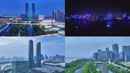 杭州奥体杭州之门夜景灯光秀高清在线视频素材下载