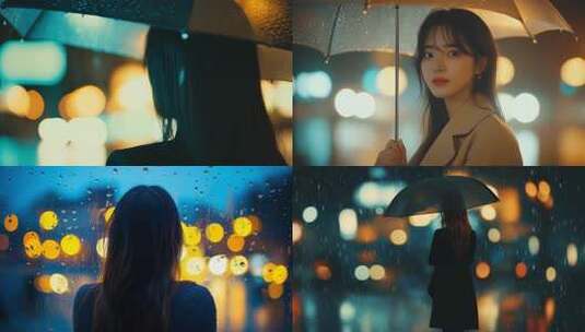 雨中女子背影孤寂夜灯朦胧伤感氛围高清在线视频素材下载