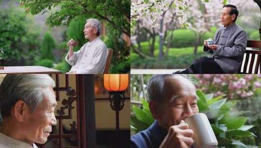 老人户外悠闲品茶高清在线视频素材下载